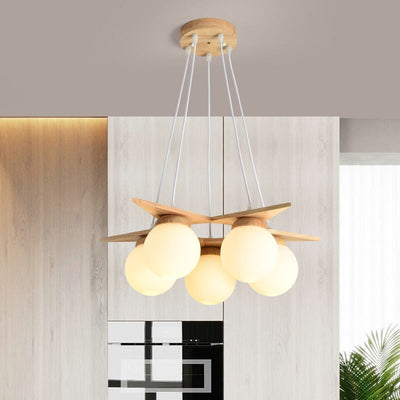 Modern Solid Wood Frosted Glass Ball 3/5 Light Chandelier