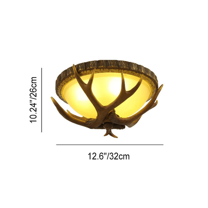 Traditional Vintage Antler Round  Metal Resin Glass 2/3/5-Light Flush Mount Ceiling Light For Living Room & Bedroom
