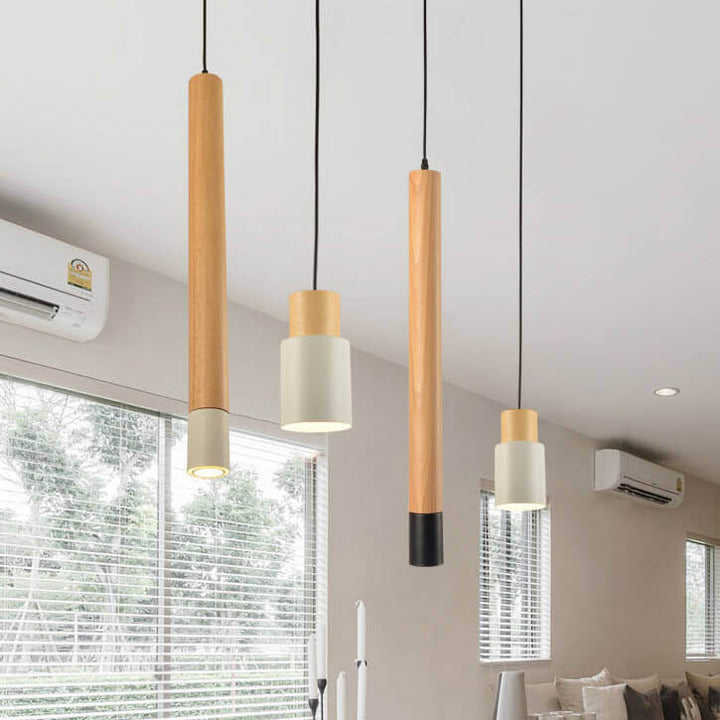 Lámpara colgante LED de 1 luz cilíndrica recta de madera maciza simple 