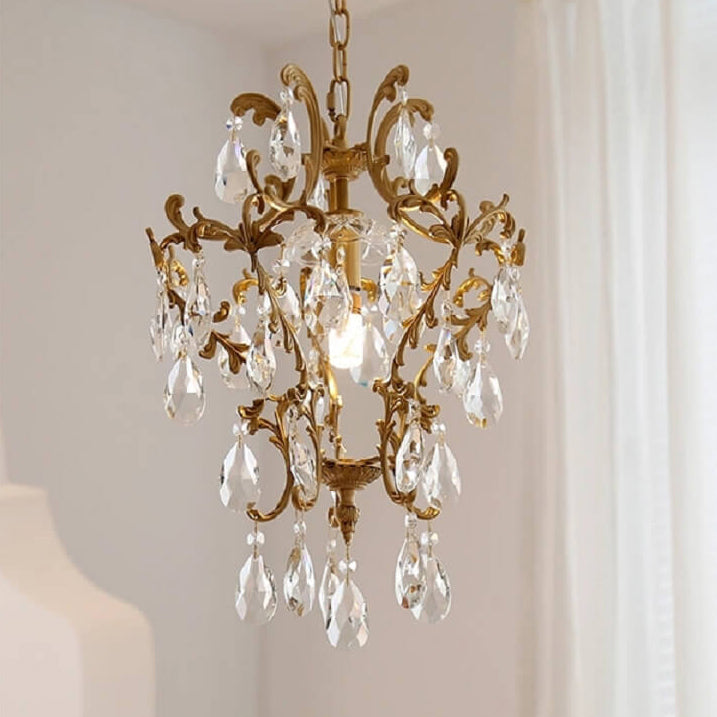 Lámpara colgante elegante de 1 luz de cristal de latón vintage francés 