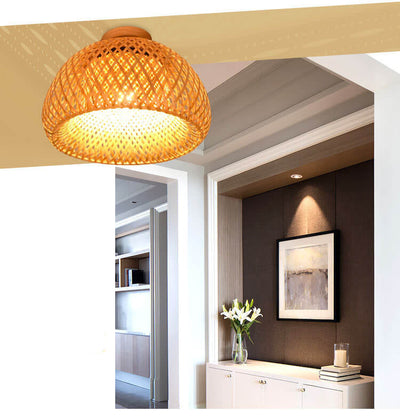 Modern Bamboo Weaving Dome 1-Light Semi-Flush Mount Ceiling Light