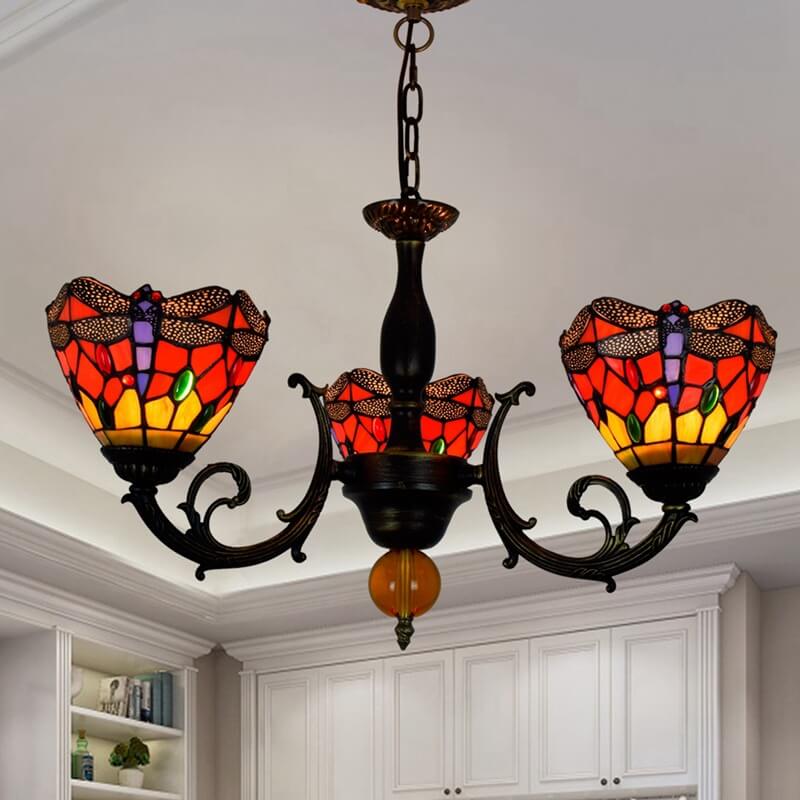 European Tiffany Red Dragonfly Stained Glass 3-Light Chandelier