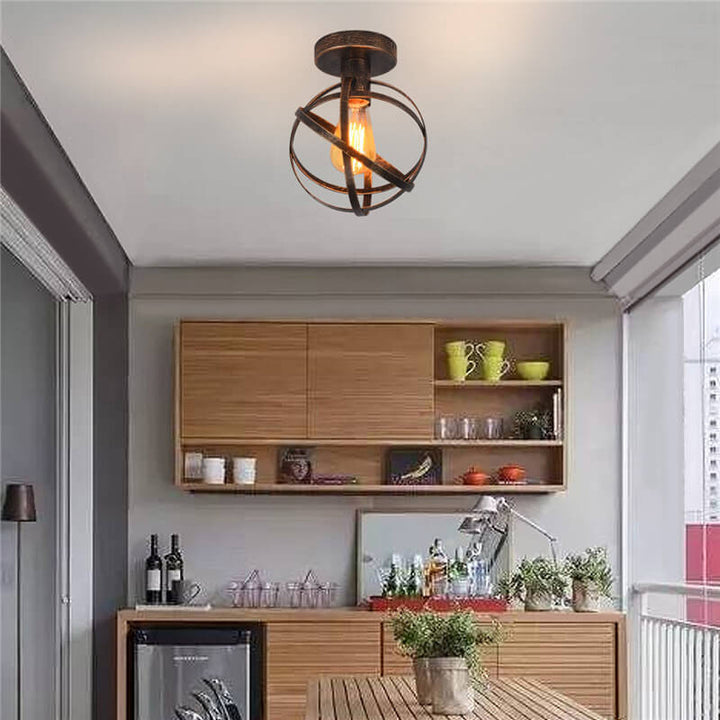 Zeitgenössische halbflache 1-flammige Deckenleuchte mit kugelförmigem Käfig aus Schmiedeeisen im Industrial-Stil für das Wohnzimmer 