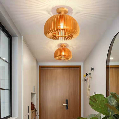 Minimalist Wooden Pumpkin 1-Light LED Semi-Flush Ceiling Light
