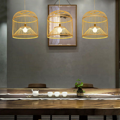 Moderne chinesische Bambusgeflecht-Vogelkäfig 1-Licht Pendelleuchte 