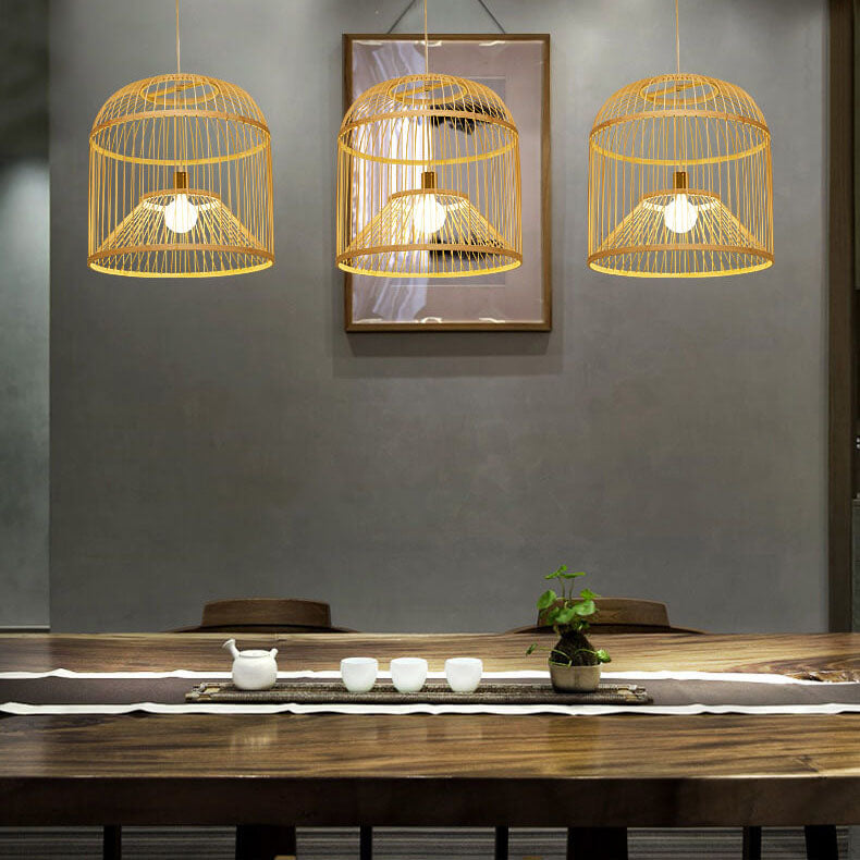Moderne chinesische Bambusgeflecht-Vogelkäfig 1-Licht Pendelleuchte 