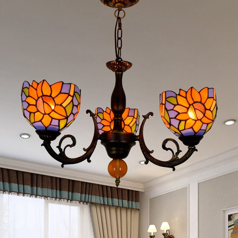 Tiffany Rustikale Sonnenblume Buntglas 3-Licht Kronleuchter 