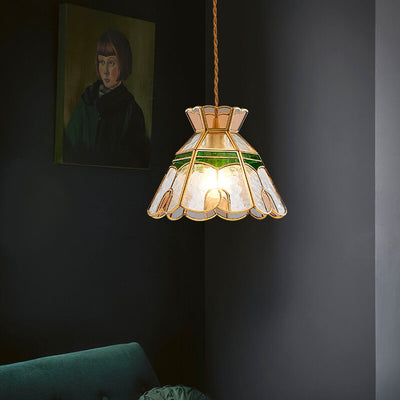 Vintage Bell Brass Glass 1-Light Pendant Light