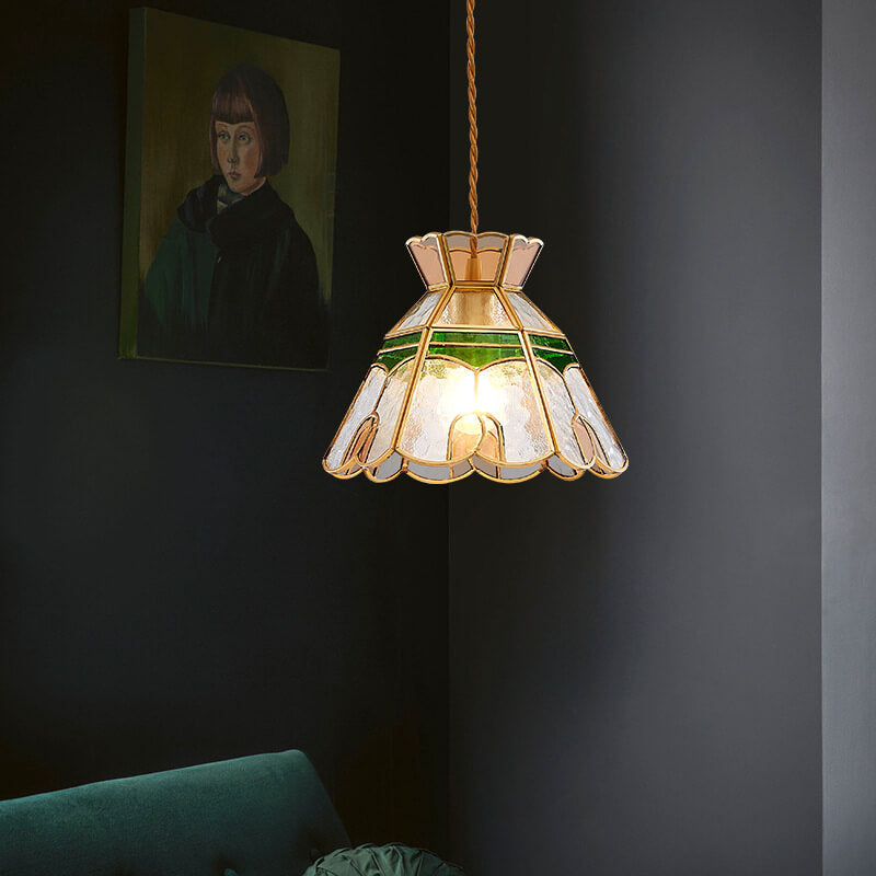 Vintage Bell Brass Glass 1-Light Pendant Light