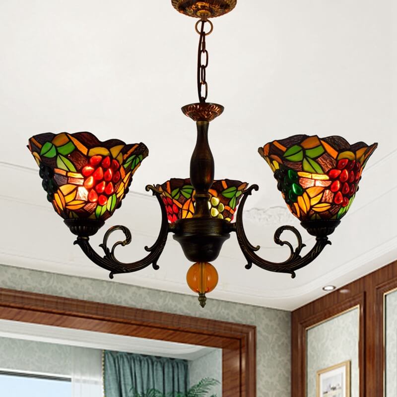 Tiffany Rustic Fruits Stained Glass 3-Light Chandelier