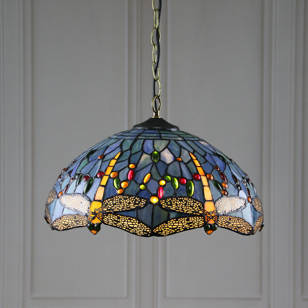 Tiffany Stained Glass 1-Light Dragonfly Dome Pendant Light