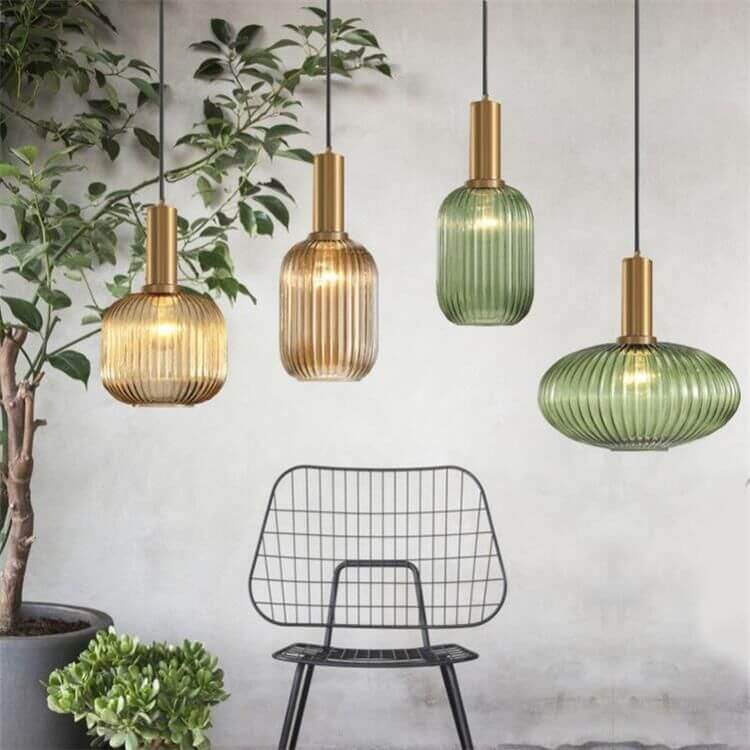 Lámpara colgante de 1 luz con linterna de vidrio a rayas minimalista 
