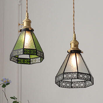Vintage Mediterranean Glass Shade Brass 1-Light Pendant Light