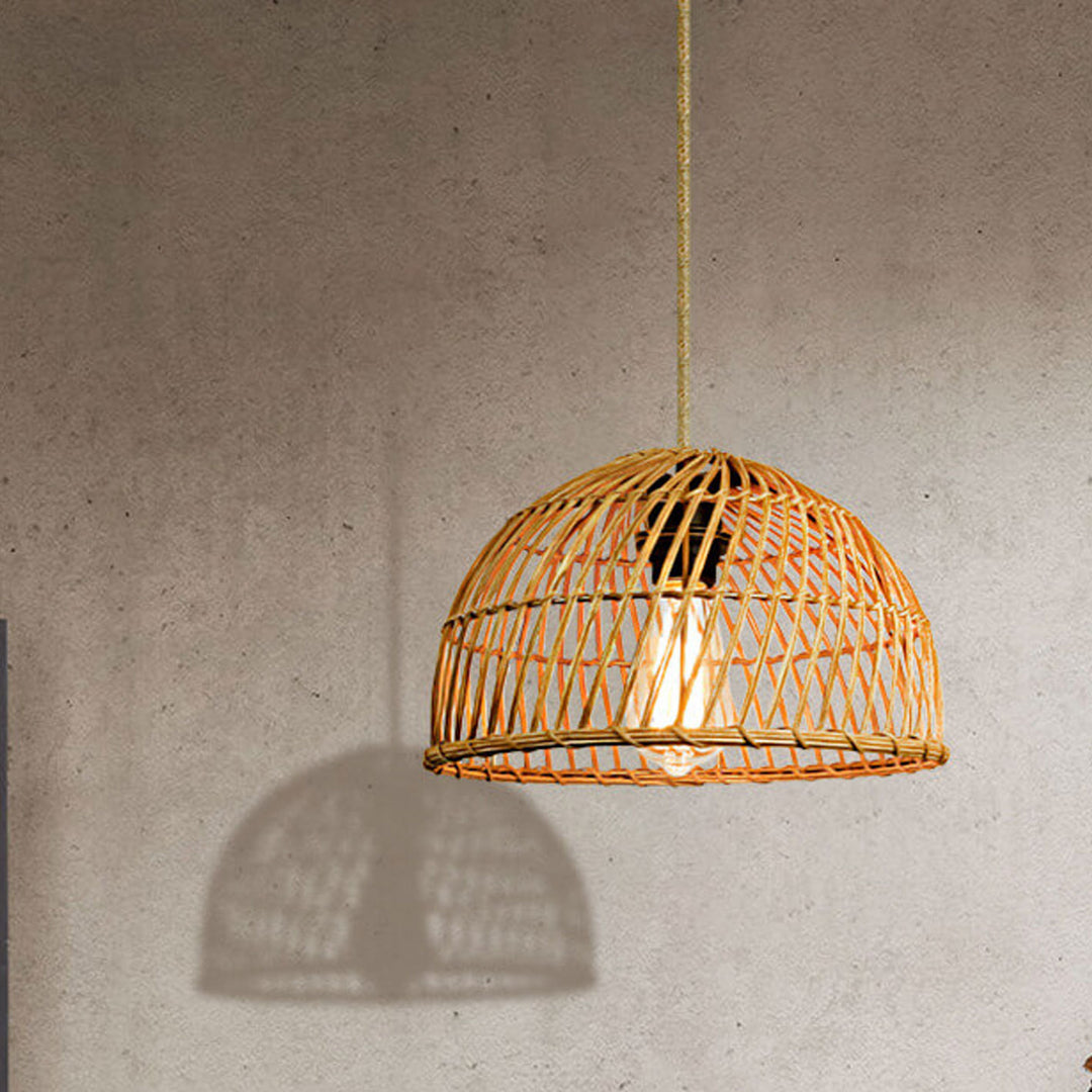 Suspension Luminaire à 1 Lumière en Rotin Vintage Tressé en Dôme 