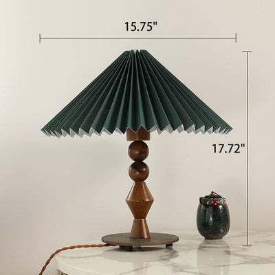Vintage Dark Green Pleated Solid Wood Base 1-Light Table Lamp