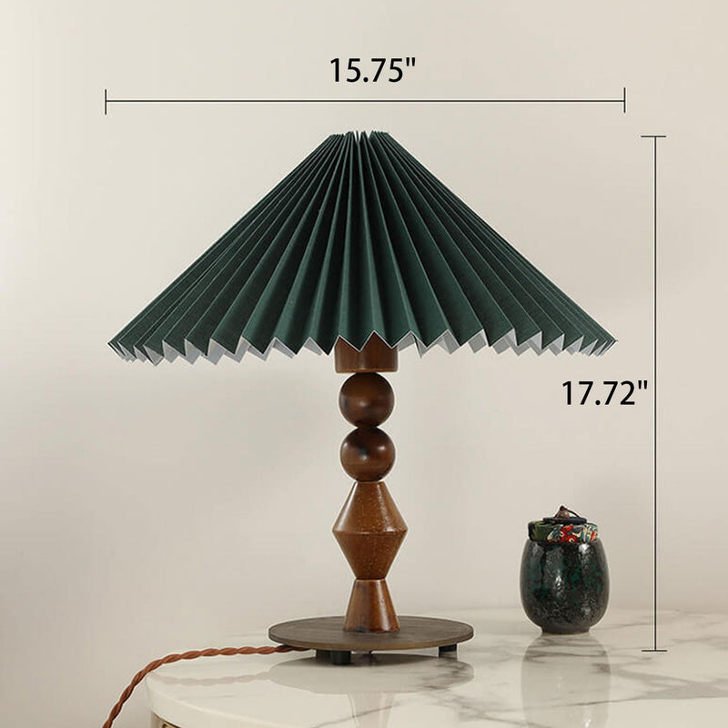 Vintage Dark Green Pleated Solid Wood Base 1-Light Table Lamp
