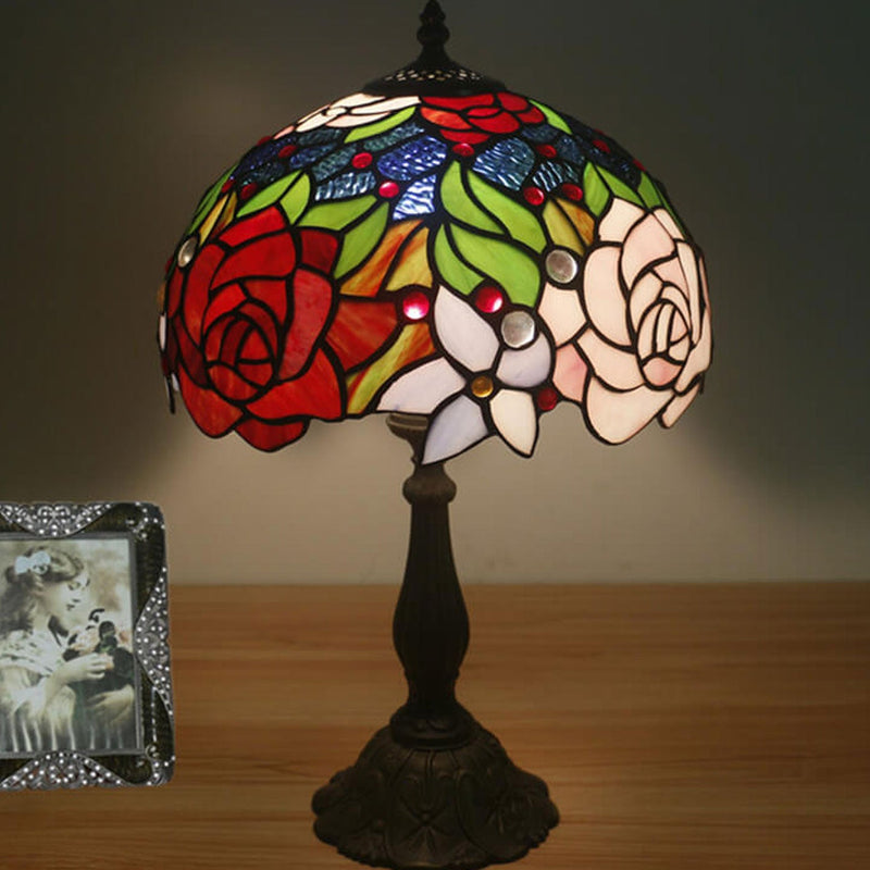 European Vintage Rose Stained Glass 1-Light Table Lamp