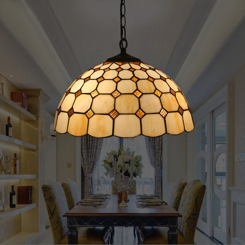 Vintage Tiffany Baroque Stained Glass Dome 3-Light Pendant Light