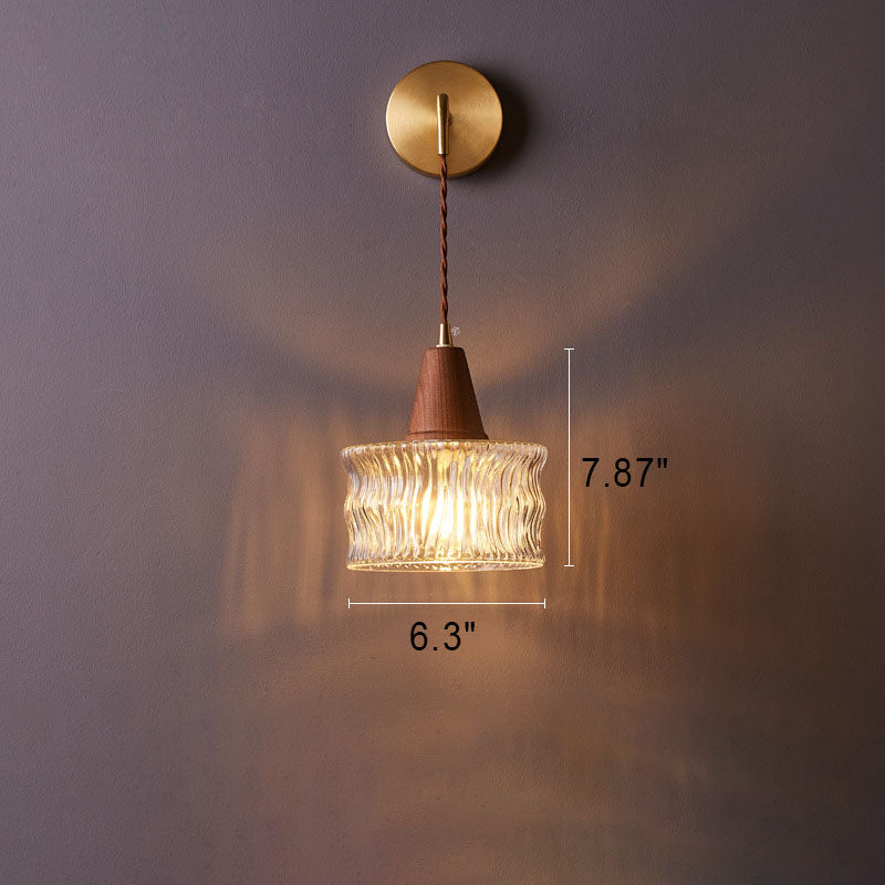 Traditional Japanese Walnut Glass  Copper Cylinder 1-Light Wall Sconce Lamp