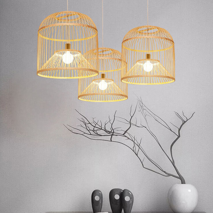 Moderne chinesische Bambusgeflecht-Vogelkäfig 1-Licht Pendelleuchte 