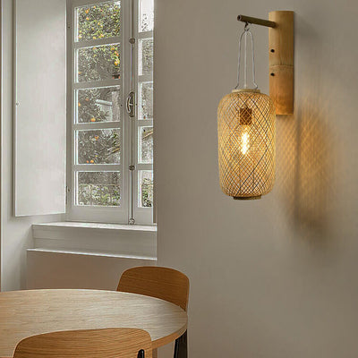 Modern Bamboo Weaving Column Lantern 1-Light  Wall Sconce Lamp