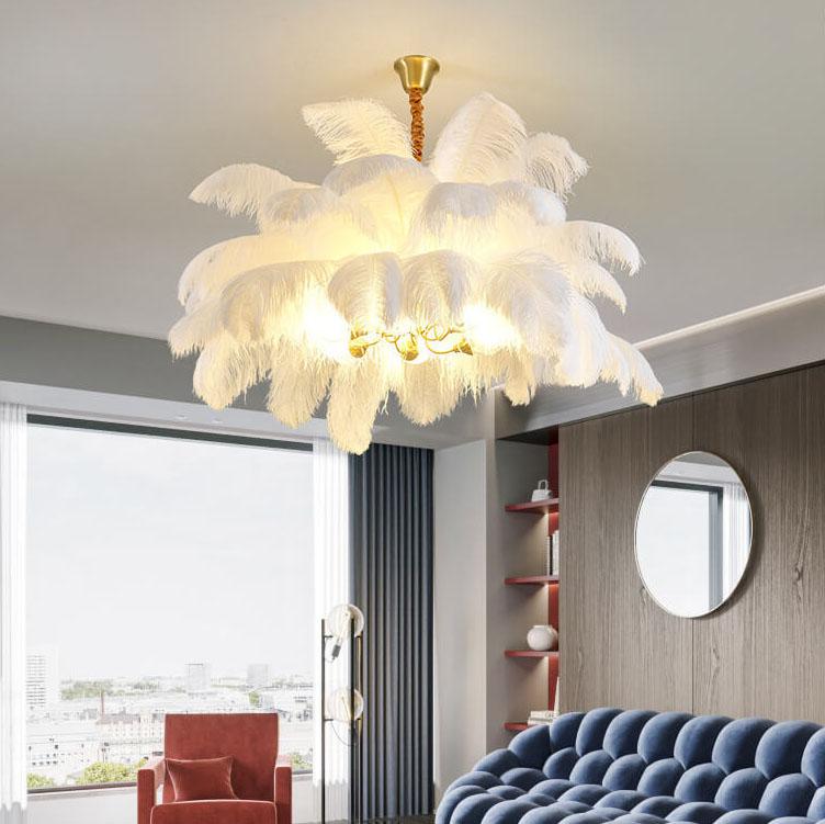 Modern Ostrich Feather 6-Light Brass Chandeliers