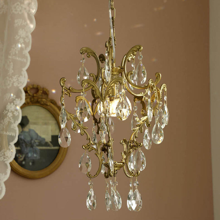 Lámpara colgante elegante de 1 luz de cristal de latón vintage francés 