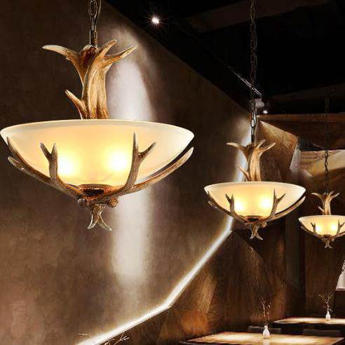 Lámpara de araña de 3 luces con cuenco de vidrio de resina vintage con astas 