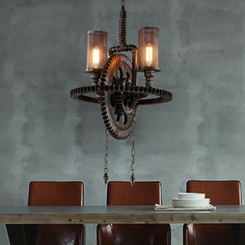 Vintage Industrial Iron Gear Shape 2-Light Chandelier
