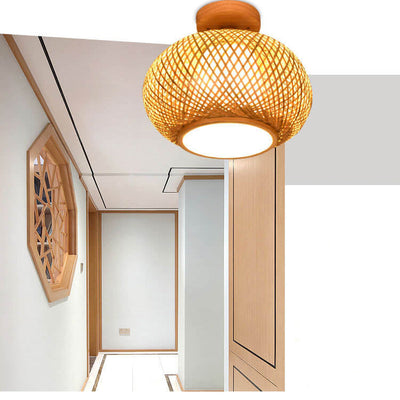 Modern Bamboo Weaving Dome 1-Light Semi-Flush Mount Ceiling Light