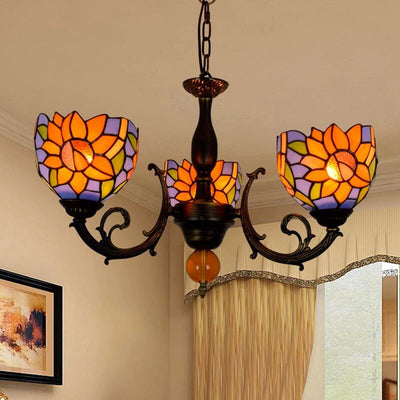 Tiffany Rustic Sunflower Stained Glass 3-Light Chandelier