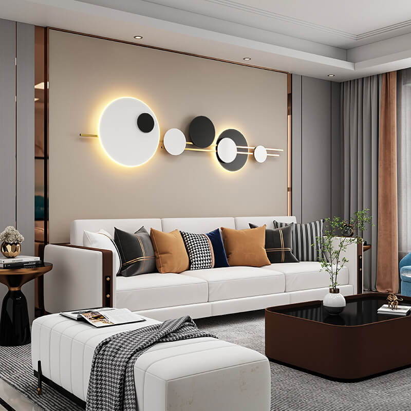 Modern Minimalist Round Iron Faux Leather LED Decorative Wall Mural Lamp for Living Room