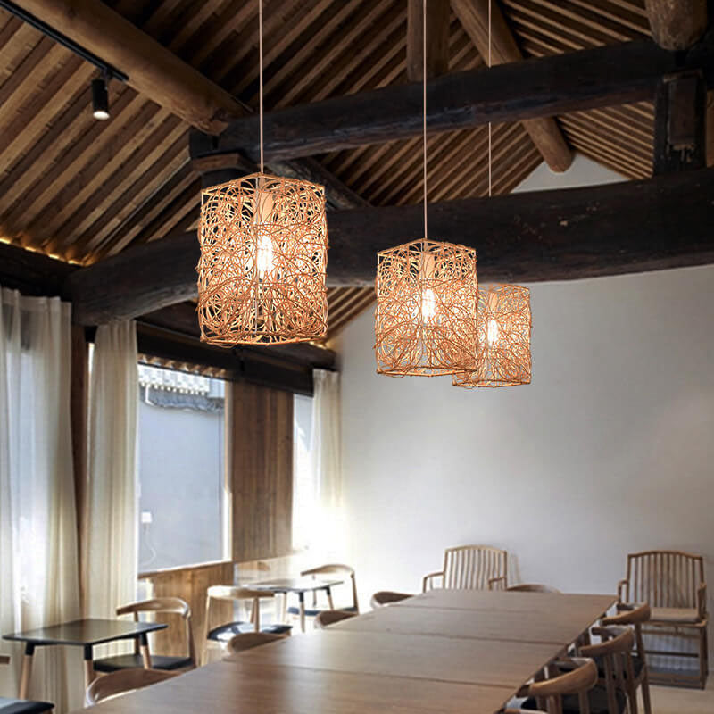 Lámpara colgante de 1 luz con forma cuadrada de tejido de ratán vintage 