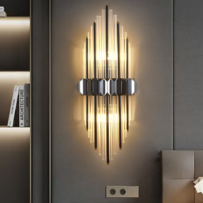 Moderne Wandleuchte mit zwei Lichtern aus Messing und Kristall, Röhrenform 
