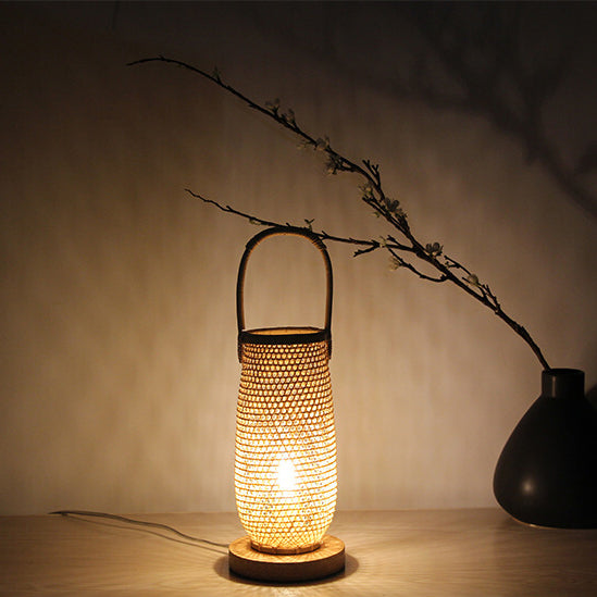 Bamboo Basket Round Wood Base Japanese 1-Light Table Lamp