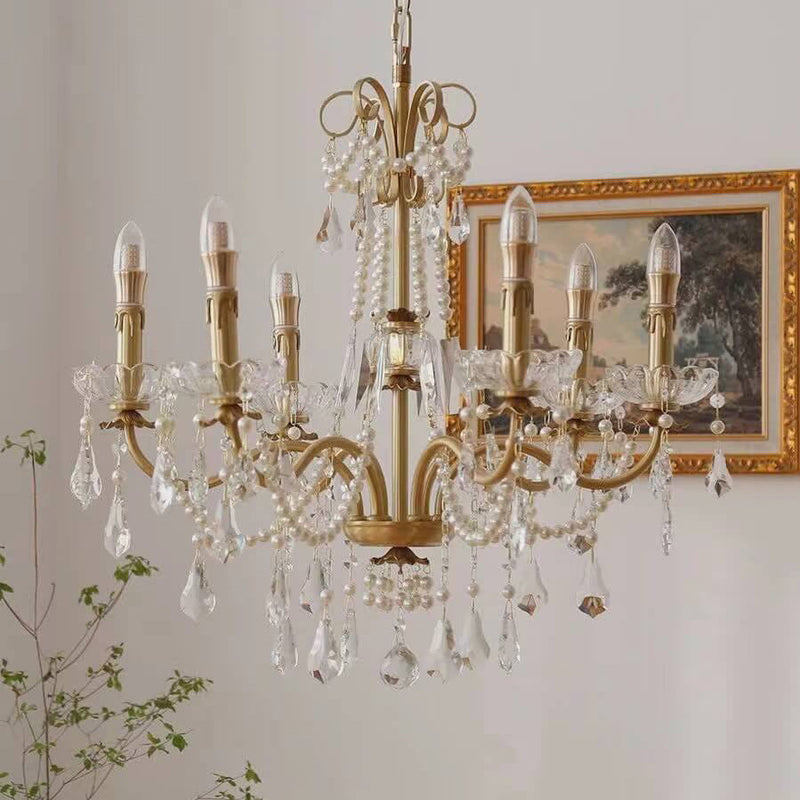 Modern Luxury Candelabra Pearl Crystal Brass 6/8 Light Chandelier