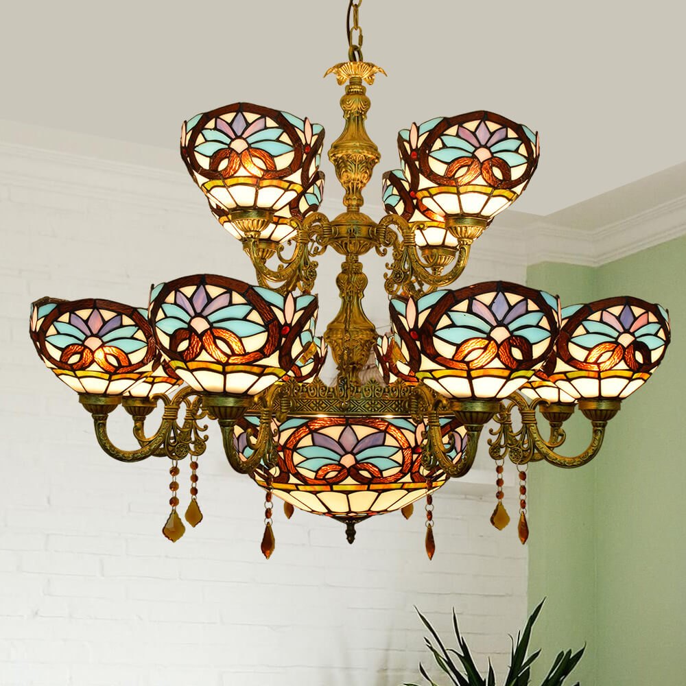 Europäischer Stil Tiffany Liebe Barock Buntglas 15-Licht Kronleuchter 