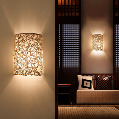 Rattan Weaving Half-Cylinder 1-Light Wall Sconce Lamp