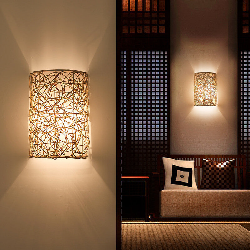 Rattan Weaving Half-Cylinder 1-Light Wall Sconce Lamp