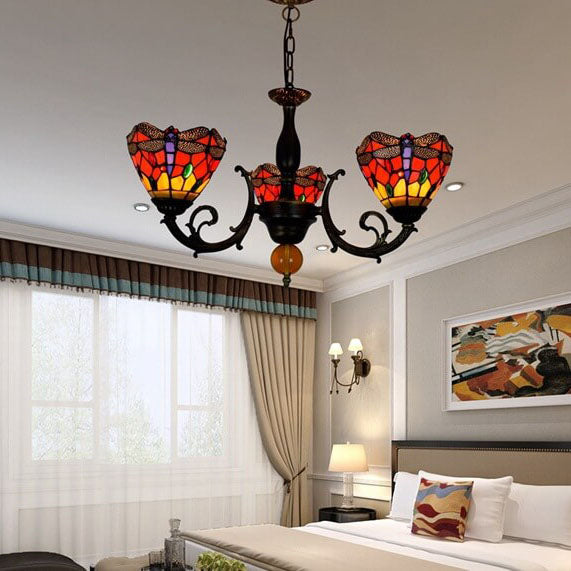 European Tiffany Red Dragonfly Stained Glass 3-Light Chandelier