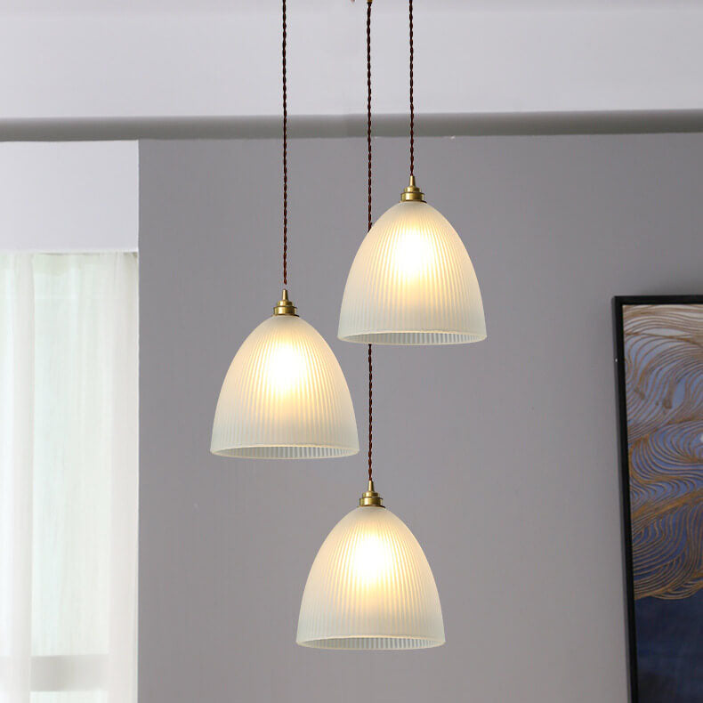 Simple Bell-shaped Striped Glass 1-Light Pendant Light