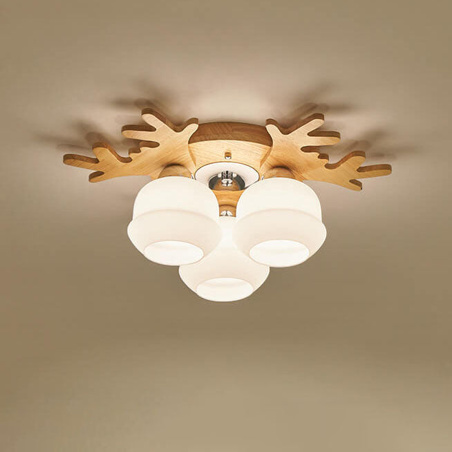 Nordic Solid Wood Antler Frosted Glass Round Shade 3/5/7 Light Flush Mount Ceiling Light