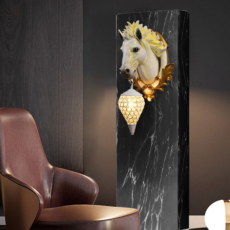 European Vintage Resin Horse Head Lantern 1-Light Wall Sconce Lamp