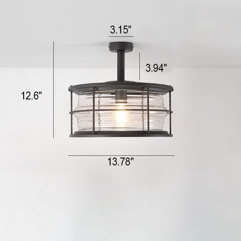 Industrial Vintage Glass Drum 1-Light Outdoor Semi-Flush Mount Ceiling Light