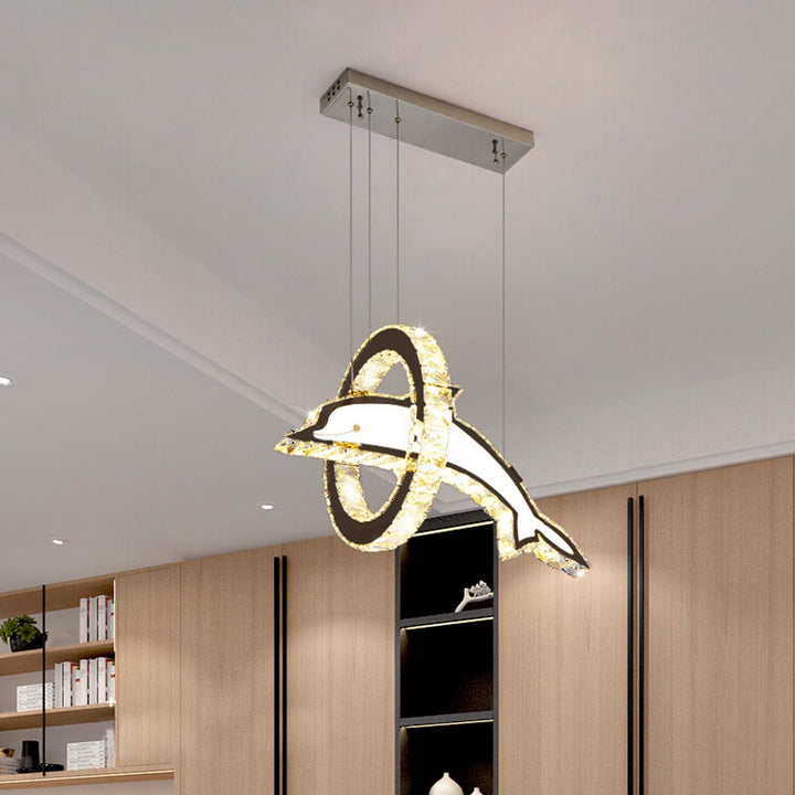 Moderner luxuriöser LED-Kronleuchter aus Kristall und Edelstahl im Delfin-Design für das Wohnzimmer 
