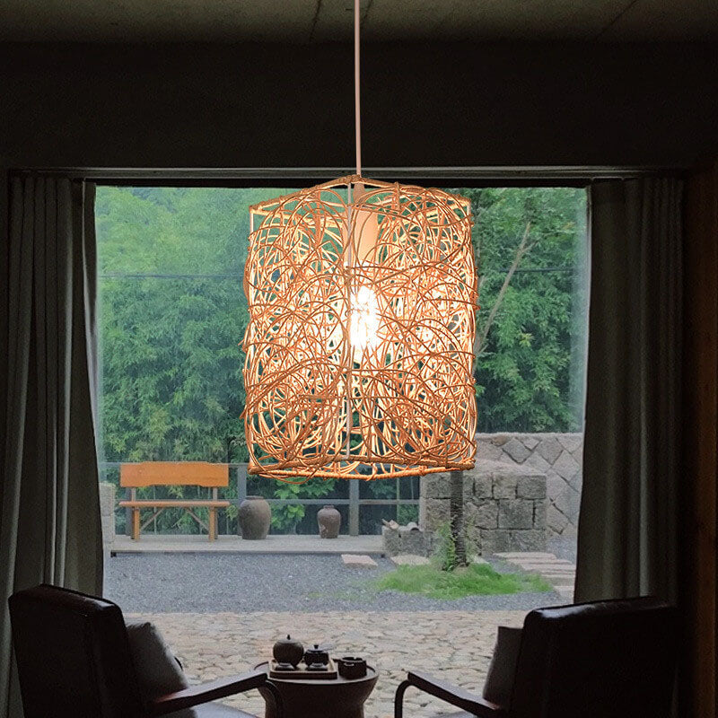 Lámpara colgante de 1 luz con forma cuadrada de tejido de ratán vintage 