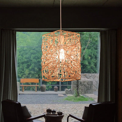 Vintage Rattan Weaving Square Shape 1-Light Pendant Light