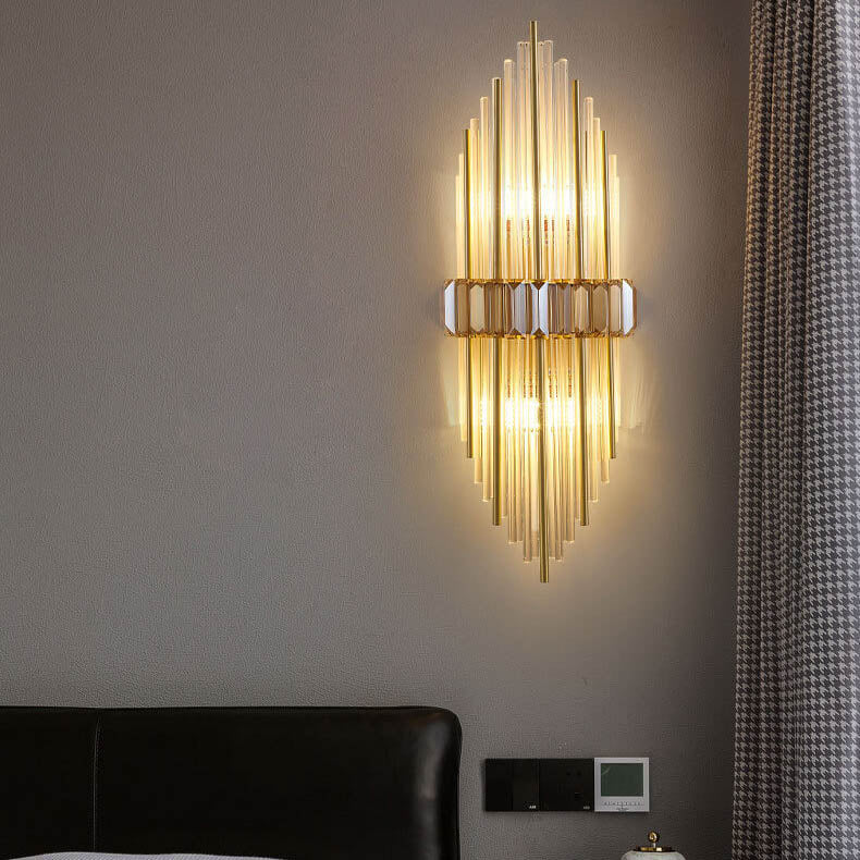 Modern Brass Crystal Tubular 2-Light Wall Sconce Lamp