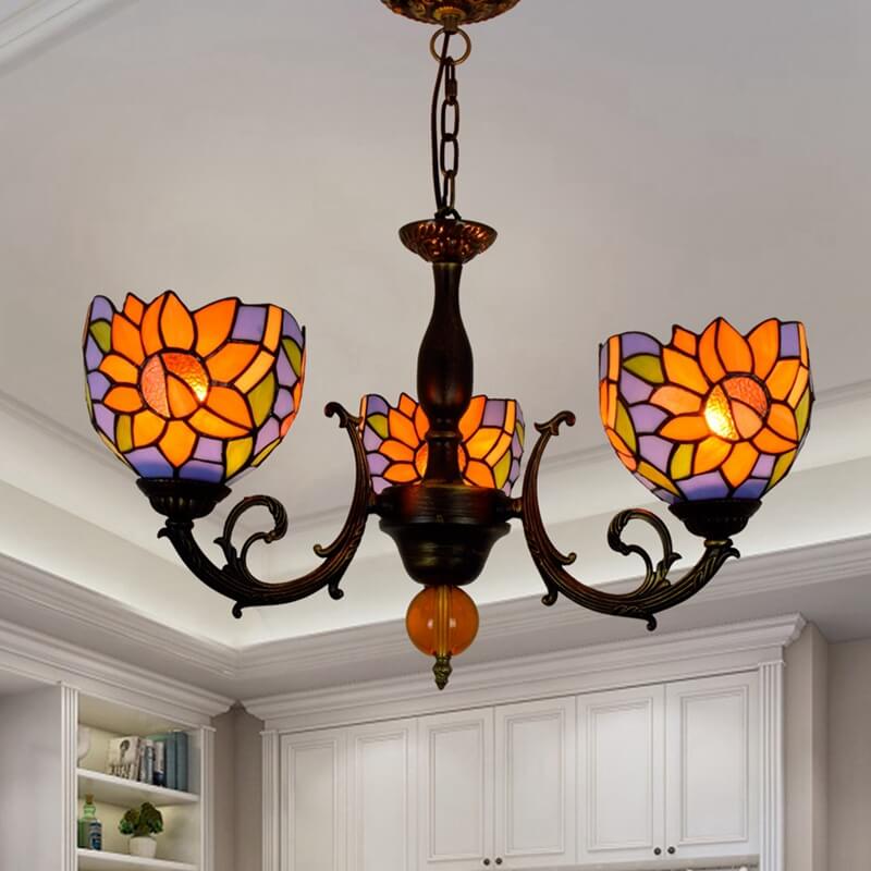 Tiffany Rustic Sunflower Stained Glass 3-Light Chandelier