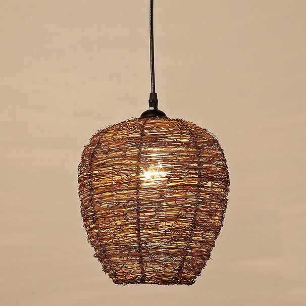 Suspension Luminaire à 1 Lumière en Rotin Rétro Tressé en Dôme 